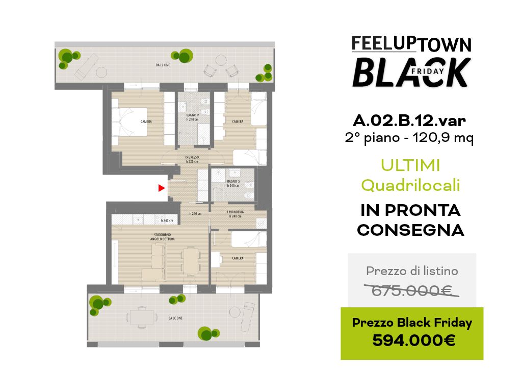 Planimetria quadrilocale in pronta consegna, ultime disponibilità: prezzo di listino 675.000 €, prezzo Black Friday 594.000 €