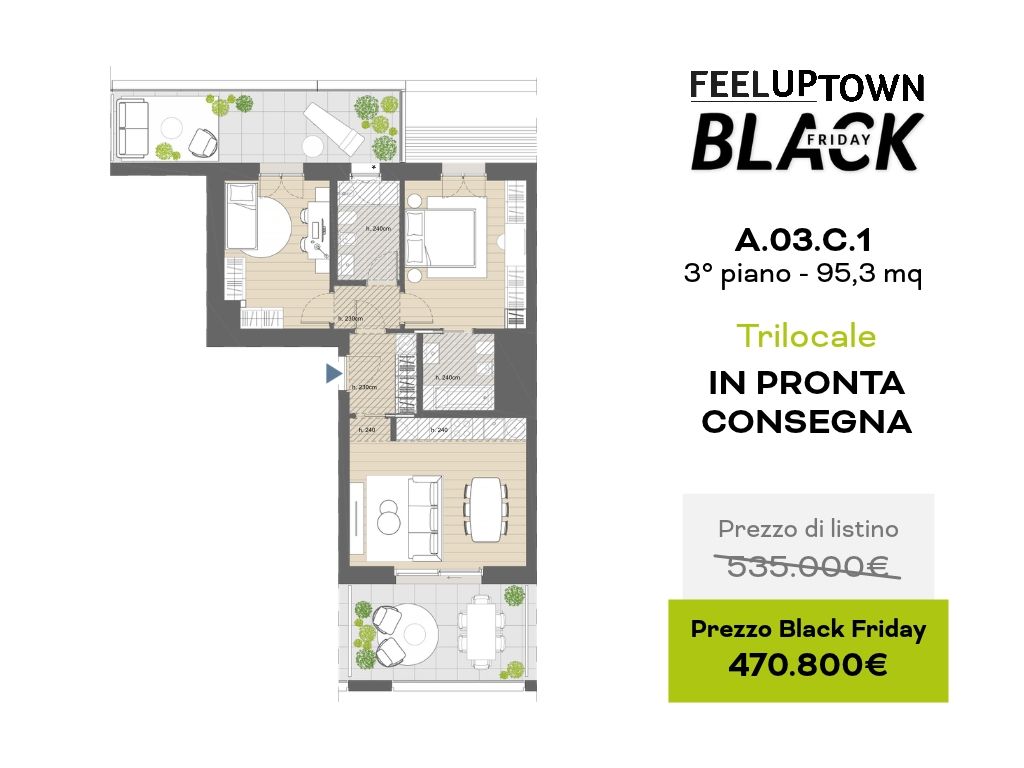 Planimetria trilocale in pronta consegna: prezzo di listino 535.000 €, prezzo Black Friday 470.800 €
