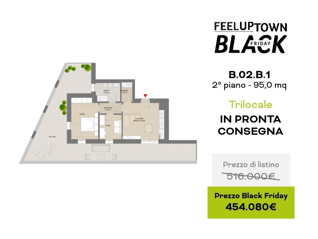 Planimetria trilocale in pronta consegna: prezzo di listino 516.000 €, prezzo Black Friday 454.080 €
