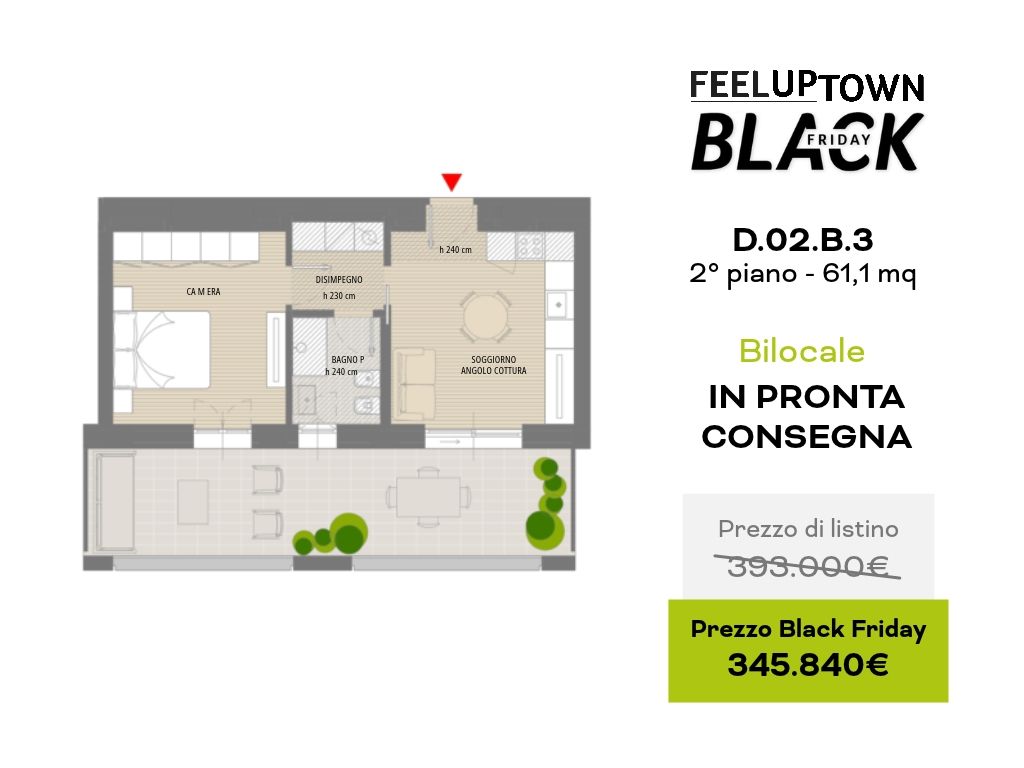Planimetria bilocale in pronta consegna: prezzo di listino 393.000 €, prezzo Black Friday 345.840 €