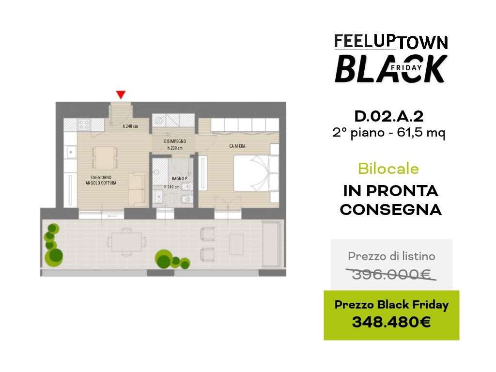 Planimetria bilocale in pronta consegna: prezzo di listino 396.000 €, prezzo Black Friday 348.480 €