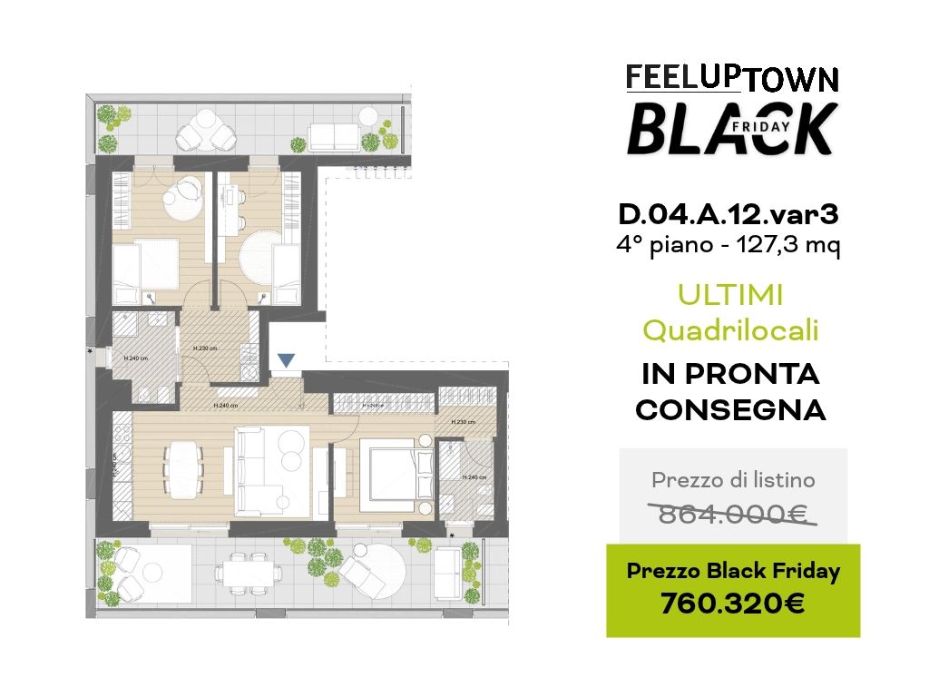 Planimetria quadrilocale in pronta consegna, ultime disponibilità: prezzo di listino 864.000 €, prezzo Black Friday 760.320 €