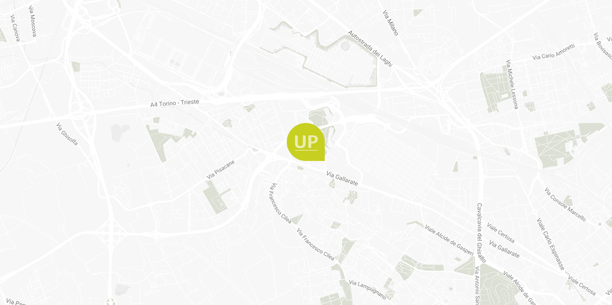 Mappa stradale della zona nord-ovest di Milano con un segnaposto sulla posizione di UpTown, lungo via Gallarate fra l’autostrada A4 Torino-Trieste e viale Certosa