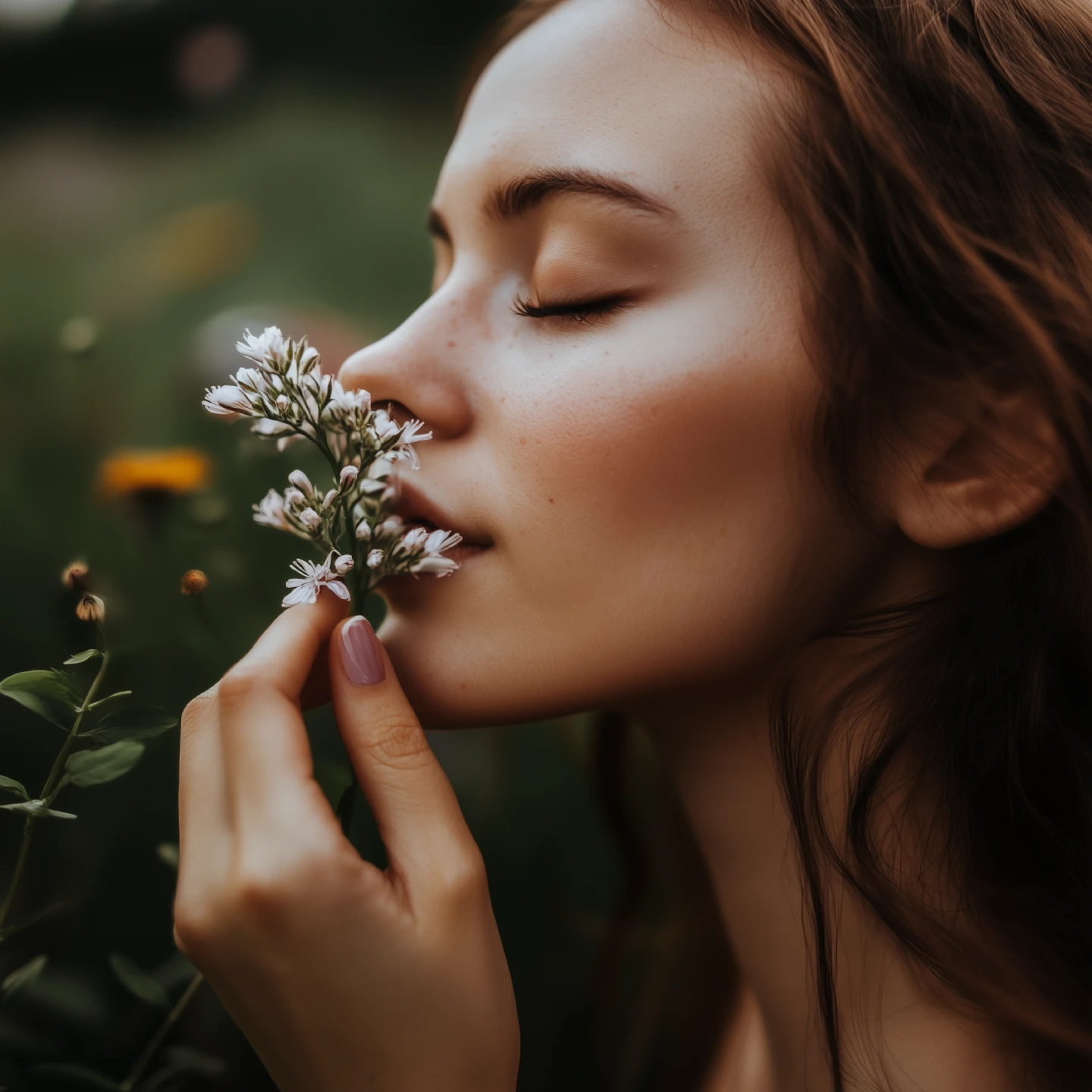 woman smelling flower